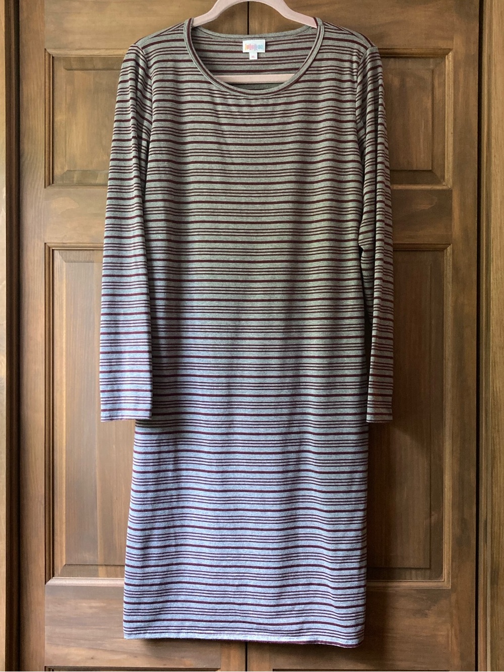 LuLaRoe Debbie Long Sleeve Gray & Raspberry Striped Dress XL